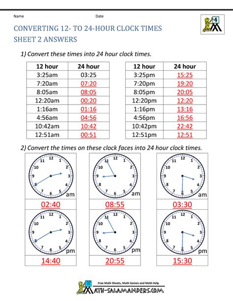 Sometimes military time is referred to as 24 hour time and this system eliminates the need for am and pm. 24 Hour Clock Conversion Worksheets