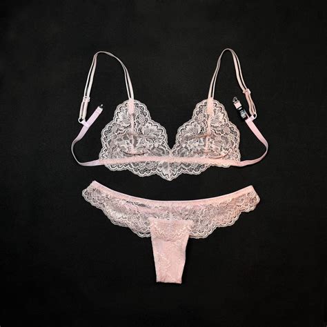 Pink Lingerie Set Triangle Lace Bralette Thong Panties Bikini Etsy