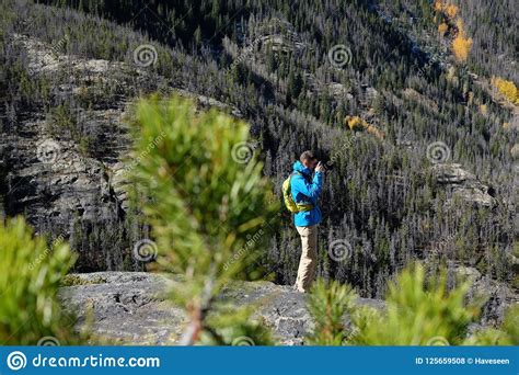 Backpacker Hiker Tourist Taking Photo Stock Photo Image Of East Hiking