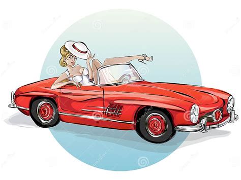 Pin Up Woman In Retro Red Car Pop Art Girl With Cabriolet Pin Up