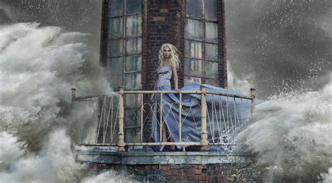 Girl Dress Lighthouse Storm Wave Splash Sea Ocean
