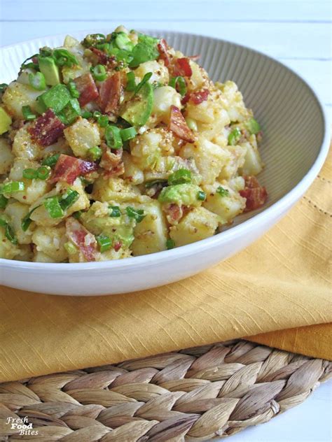 Dressed in a rich, creamy sauce flavored with gorgonzola cheese, chives and bacon, this potato salad is fantastic. Bacon-Avocado Egg-Free Potato Salad 5 ~ Fresh Food Bites