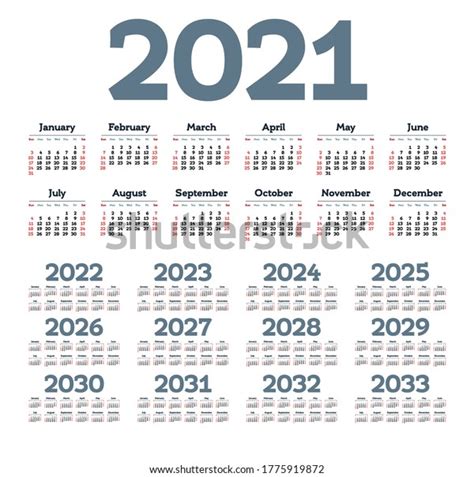 English Calendar Years 20212033 Week Starts Stock Vector Royalty Free