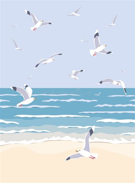 Sea Waves And The Seagulls Vector Stock Vector Illustration Of