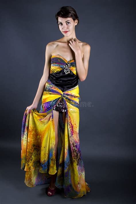 Model Wearing Tie Dye Yellow Dress Stock Image Image Of Chic Beauty