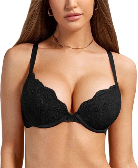 Dobreva Womens Push Up Lace Bra Sexy Plunge Padded Underwire Support Bras Lift Up Black 38b