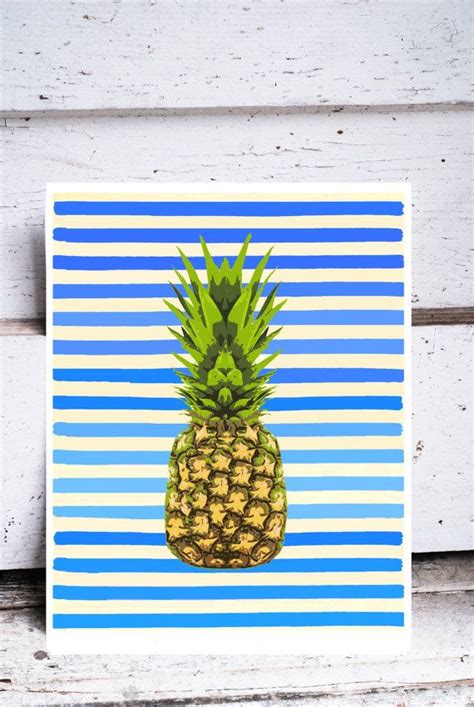 pineapple original art print blue and white stripes colorful kitchen art 8x10green fruit pop