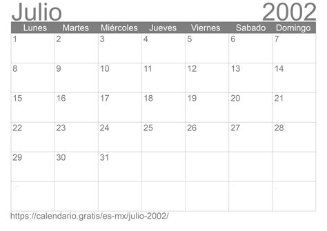 Calendario Julio 2002 De México En Español ☑️ Calendariogratis