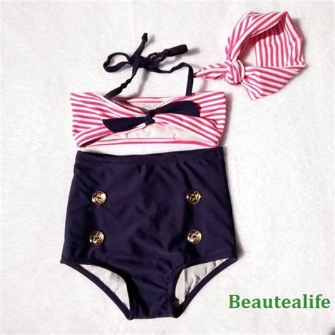 2017 Cute Striped Sailor Child Bikini Swimsuit Swimwear High Waisted