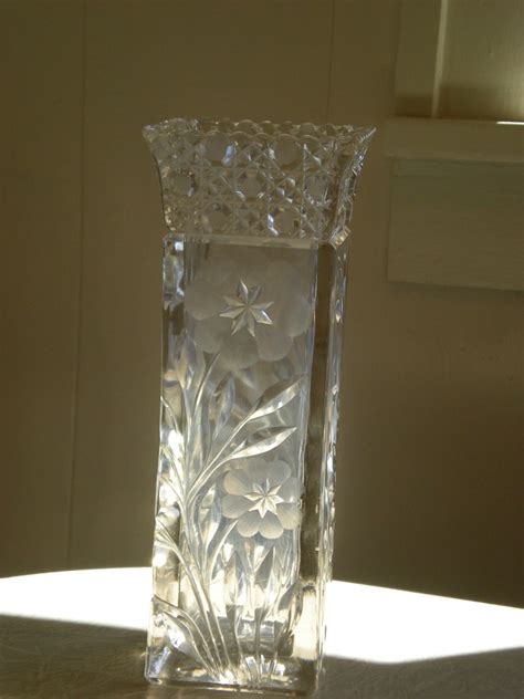 Tall Lead Crystal Cut Glass Square Vase Etched Flowers And Stems Etsy