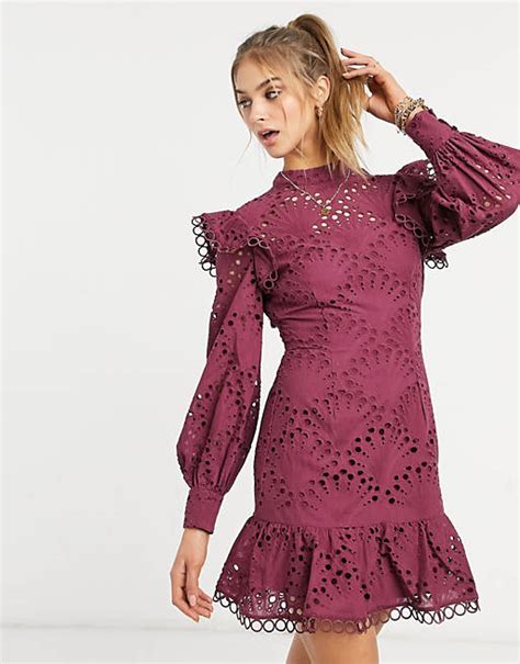 Asos Design High Neck Shell Broderie Mini Dress With Pephem In Oxblood