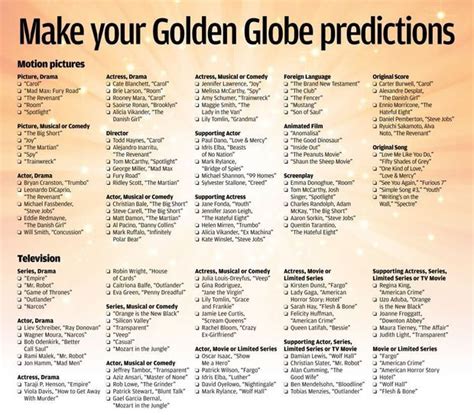 Print out your own golden globes ballot! 2016 Golden Globe Award Prediction Ballot | Golden globe award, Golden globes, Predictions