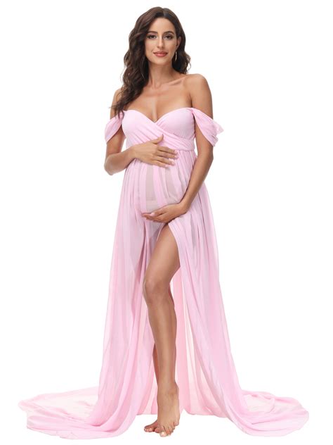 Justvh Maternity Off Shoulder Chiffon Gown Lace Split Front Long Train