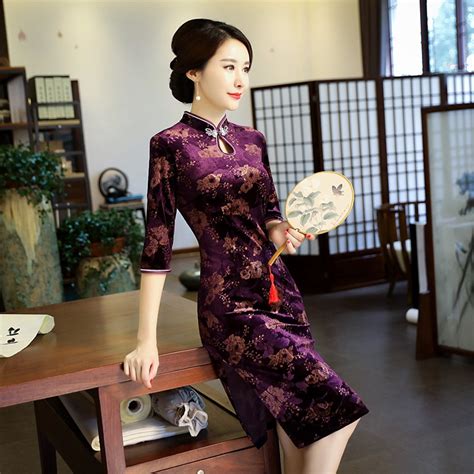 Plus Size Xxxxl Chinese Women Traditional Velvet Qipao Vintage Flower