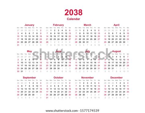 Calendar Year 2038 12 Months Annual Stock Vector Royalty Free