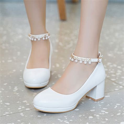 White Women Wedding Shoes Crystal Preal Ankle Strap Bridal Shoes Woman