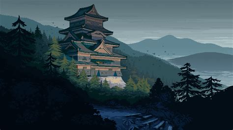 Japan Pixel Art Mountains Hills Asian Architecture Trees