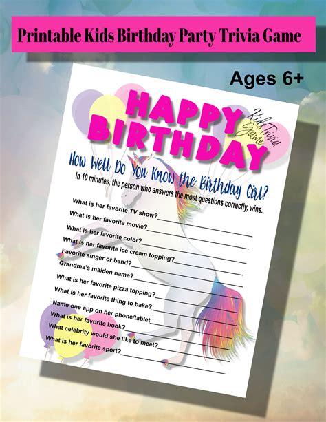 Kids Birthday Trivia Printable Birthday Party Game Idea Printable