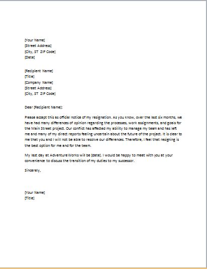Letter Of Resignation Due To Conflict With The Boss Copy