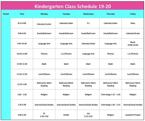 Kindergarten Class Schedule 19 20 Our Lady Of Peace School