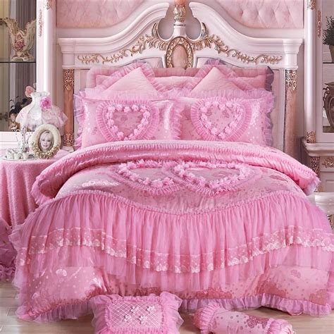 4 6 8pcs Princess Lace Luxury Bedding Set Queen King Size Pink Jacquard