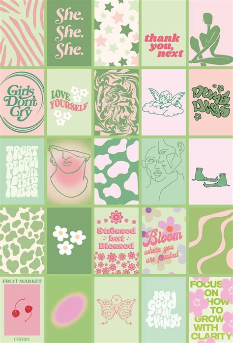 100 Pcs Green And Pink Danish Pastel Aesthetic Wall Collage Etsy