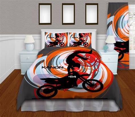 Motocross bed sets can showcase all different kinds of things, from the bikes themselves to gear, tricks, different personalities, and more. Boys Dirt Bike Orange Bedding Set, Motocross kids Extreme ...