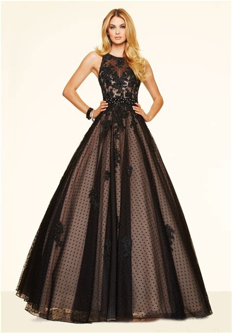 Elegant Ball Gown Open Back Black Tulle Lace Beaded Prom Dress