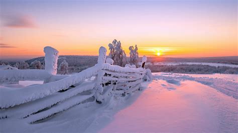 Wallpaper Winter Landscape Wood Fence White Snow Sunrise 1920x1080