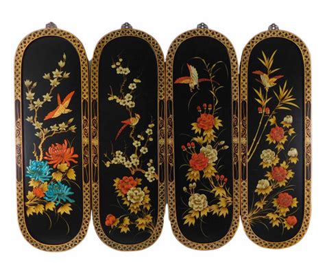 Chinese Wall Plaques In Floral Black Lacquer Set Of Four Oriental