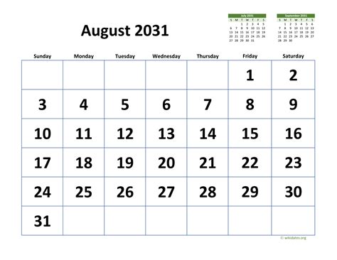 August 2031 Calendar With Extra Large Dates