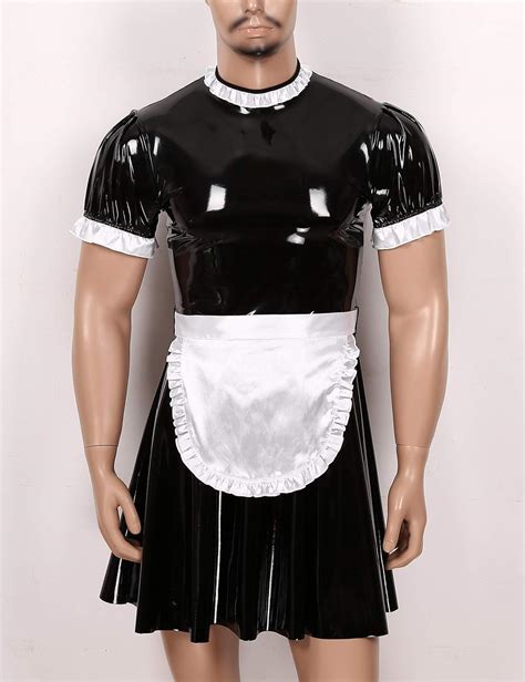 Yoojia Mens Maid Wetlook Sissy Lingerie Cosplay Costume Dress Patent Leather French Maid