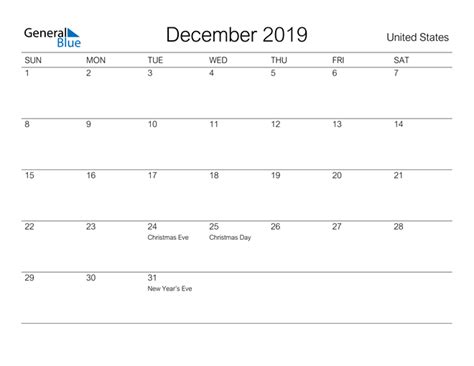 United States December 2019 Calendar With Holidays