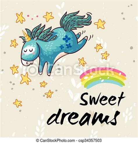 Sweet Dreams Card With Cute Unicorn Vector Cartoon Illustration