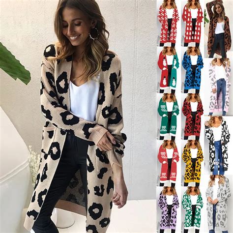 Imucci Womens Boho Long Sleeve Knitting Sweaters Leopard Print Open