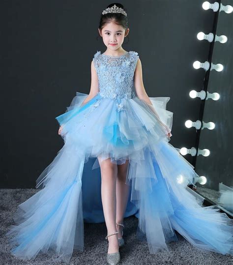 2018 Long Trailing Flower Girls Dresses For Wedding Light Blue Kids