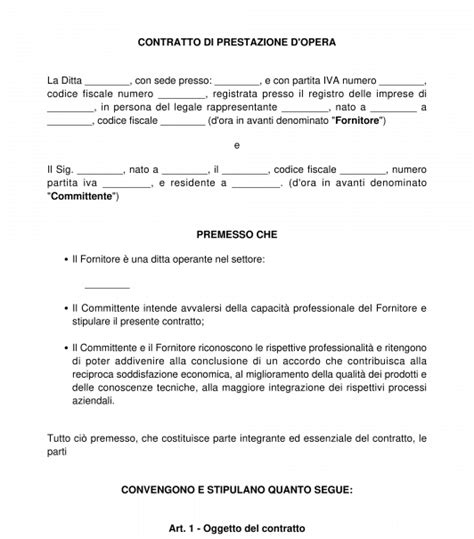 Contratto Di Prestazione D Opera Modello Word E PDF