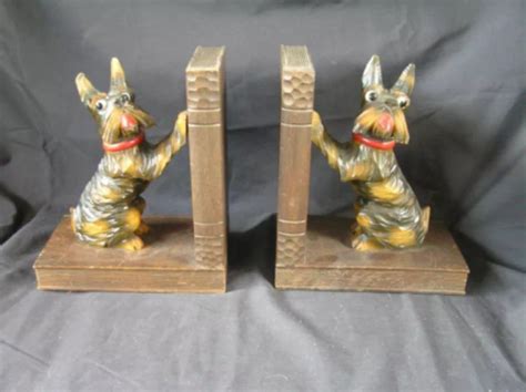 Vintage Scotty Dog Terrier Wooden Carved Bookends Scottie Dog