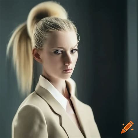 Elegant Blonde Woman In A Tailored Suit Showcasing Her Slender Build On