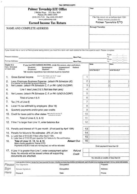 Earned Income Tax Return Form Palmer Township Eit Office Printable