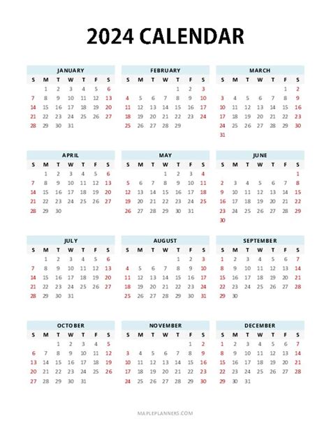 Free Printable 2024 Yearly Calendar Template