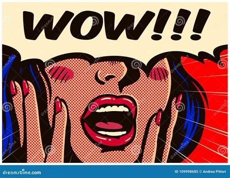 Vintage Pop Art Comic Book Surprised And Excited Woman Saying Wow With Open Mouth Vector