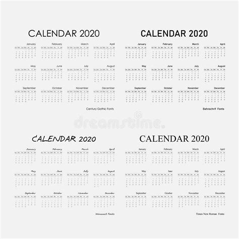 2020 Calendar Templatecalendar 2020 Set Of 12 Months Stock Vector
