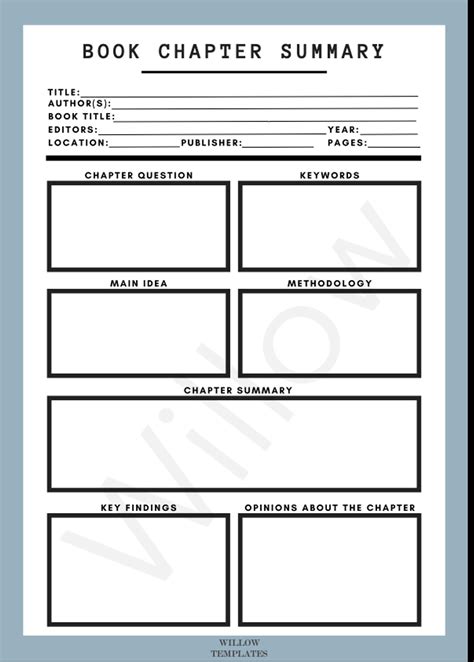 A4 Book Chapter Summary Template Digital And Printable Etsy