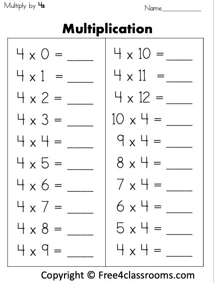 Multiplying 1 To 12 By 4 100 Questions A Multiplying 1 To 9 By 4 And