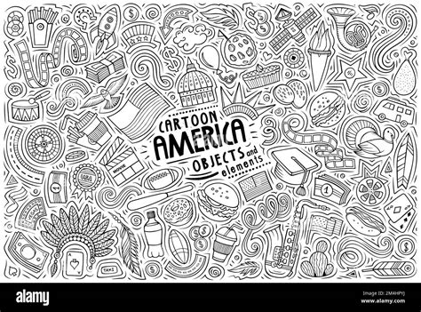 Cartoon Vector Doodle Set Of American Traditional Symbols Items And