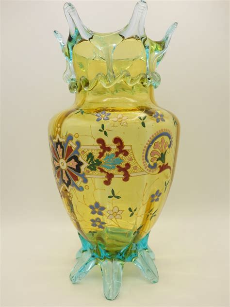 Auguste Jean Amber And Blue Crystal Drip Glass Vase Enameled Japonism