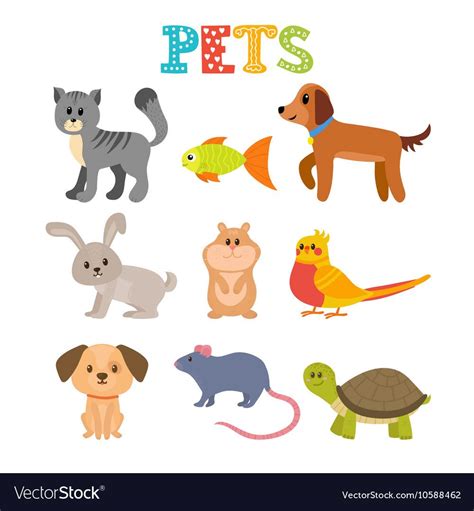 Set Of Pets Cute Home Animals In Cartoon Style Vector Illustration