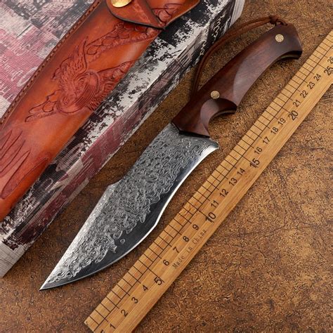 Damascus Steel Vg10 Fixed Blade Wooden Handle Outdoor Camping Survival