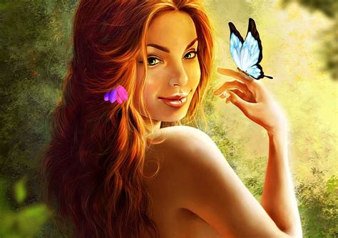 1080p Free Download Forest Nymph Art Redhead Rustikuz Woman Fantasy Butterfly Girl